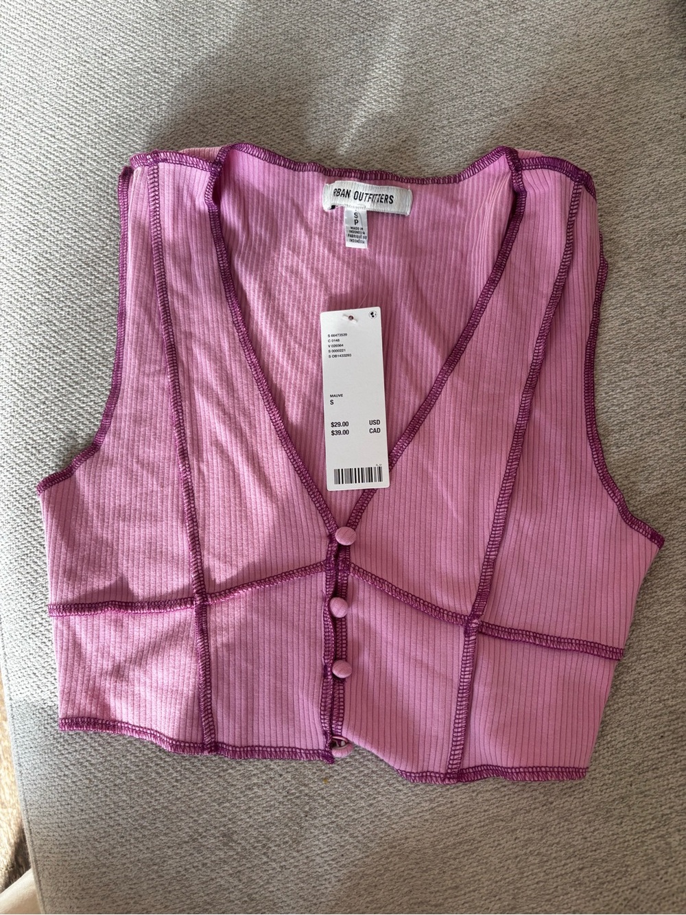 Urban Outfitters Light Pink Ribbed Contrast-Stitch Button Crop Top